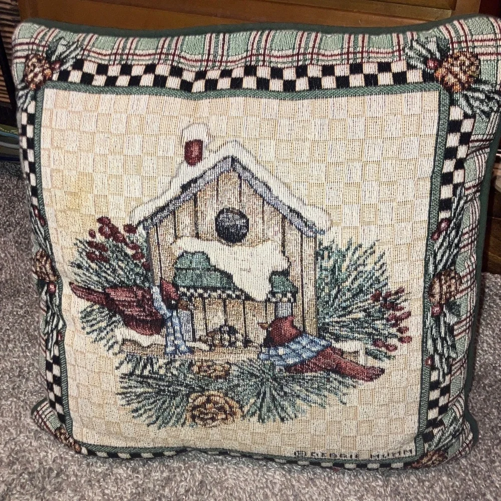 Debbie Mumm Holiday Birdhouse Pillow with Red and Green Accents 15”